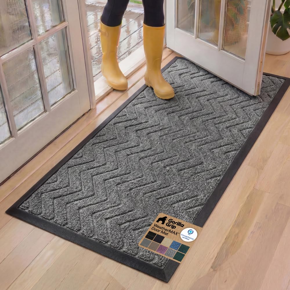 GORILLA GRIP 100% Waterproof All-Season WeatherMAX Doormat US Designed Natural Rubber, Stain Fade Resistant, Low Profile Indoor Outdoor Front Door Mats Outside Entrance, Easy Clean 29x17 Gray Diamond