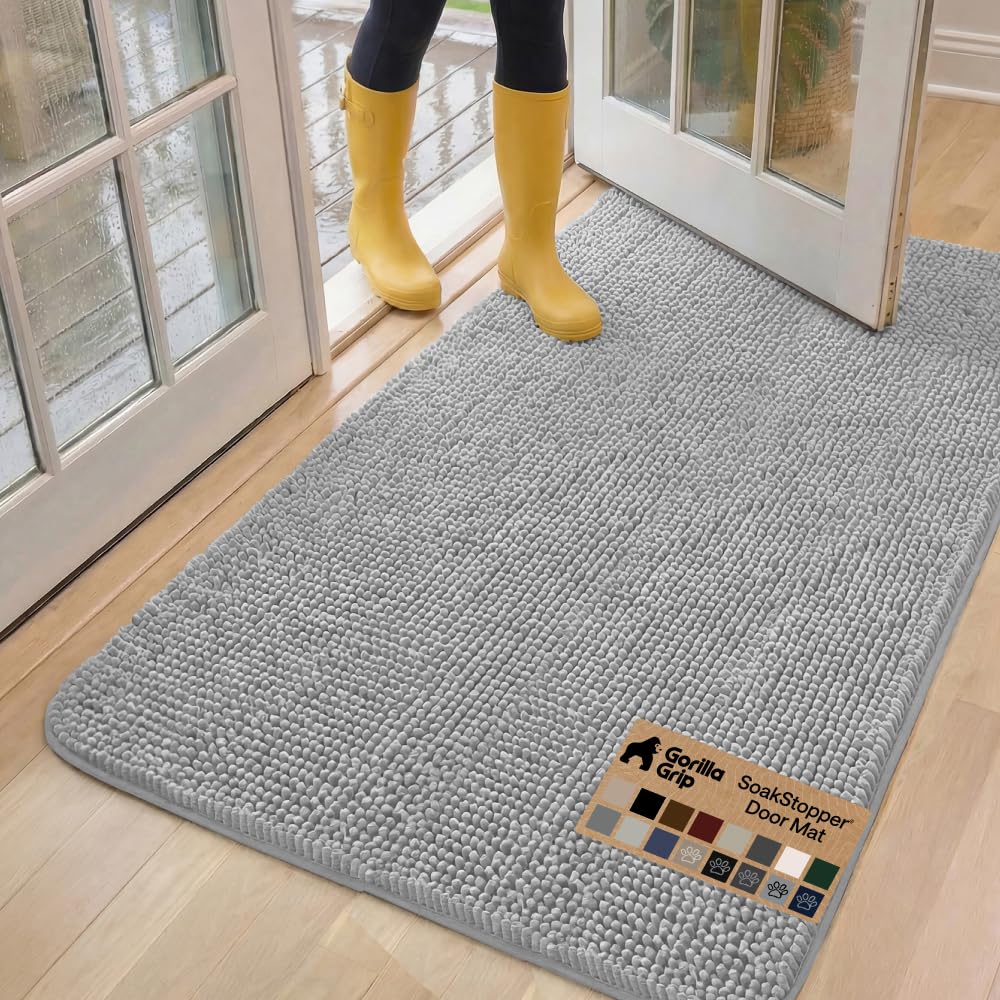 GORILLA GRIP SoakSTOPPER Dog Door Mat, Machine Washable Rug Absorbent Doormat Captures Moisture Mud Dirt, Quick Dry Soft Chenille Entryway Rugs Indoor Entrance Mats for Dog Paws, 24x17 Grey