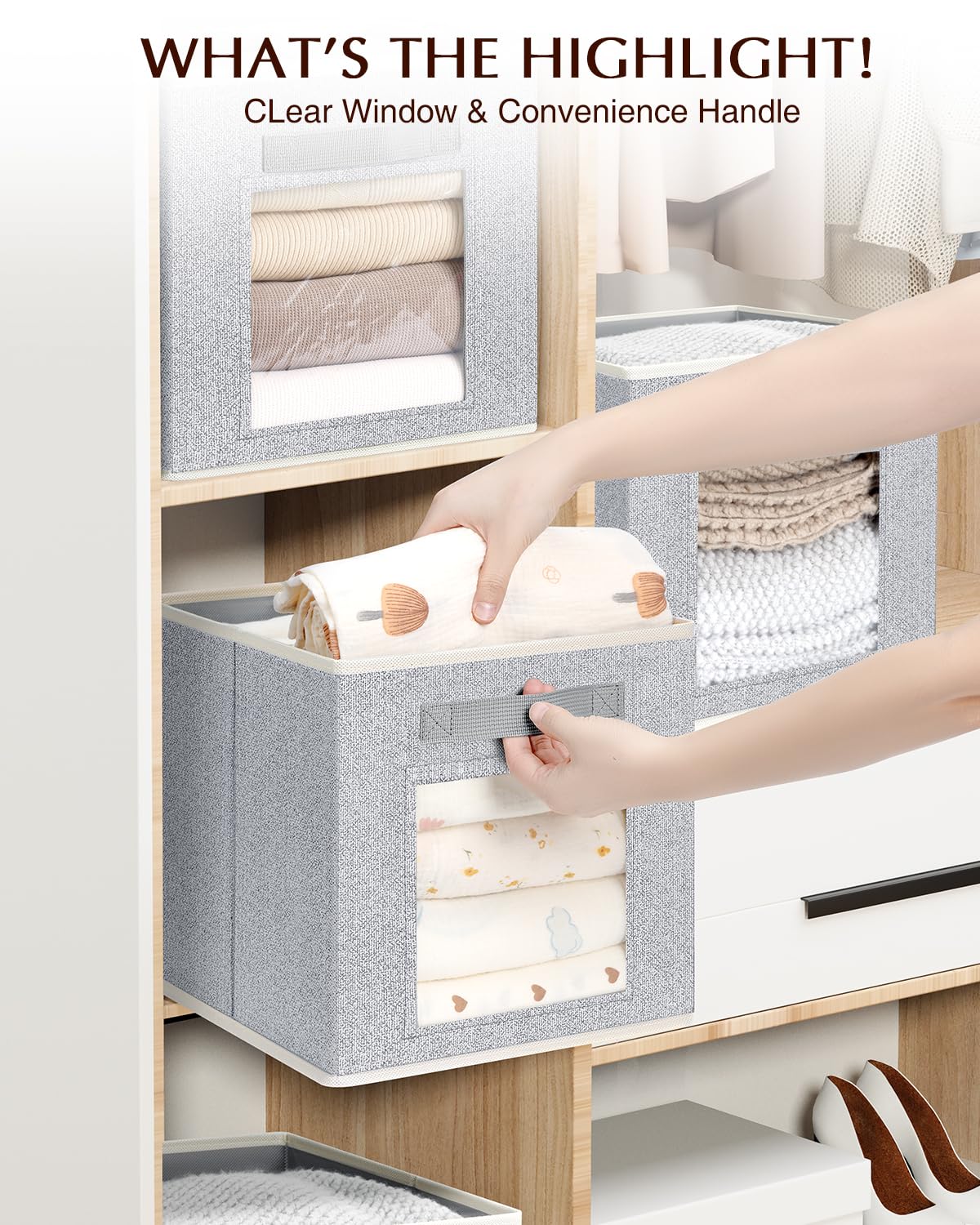 Homsorout Storage Cube 11 Inch - Cube Storage Bins with Window, Closet Storage Baskets with Handle, Fabric Bins for Closet, Shelves, Toys, Clothes, Set of 6, Grey