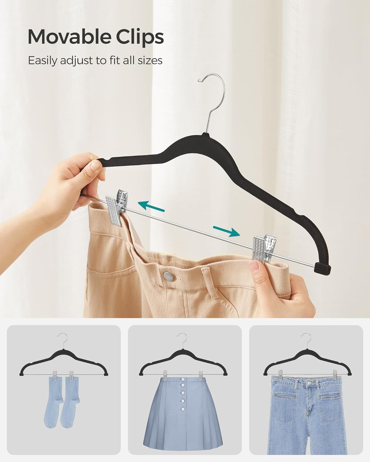 SONGMICS 30 Pack Pants Hangers, 16.7 Inches Long Velvet Trousers Hangers with Adjustable Clips, Heavy-Duty, Non-Slip, Space-Saving for Pants, Skirts, Coats, Dresses, Tank Tops, Black UCRF12B30