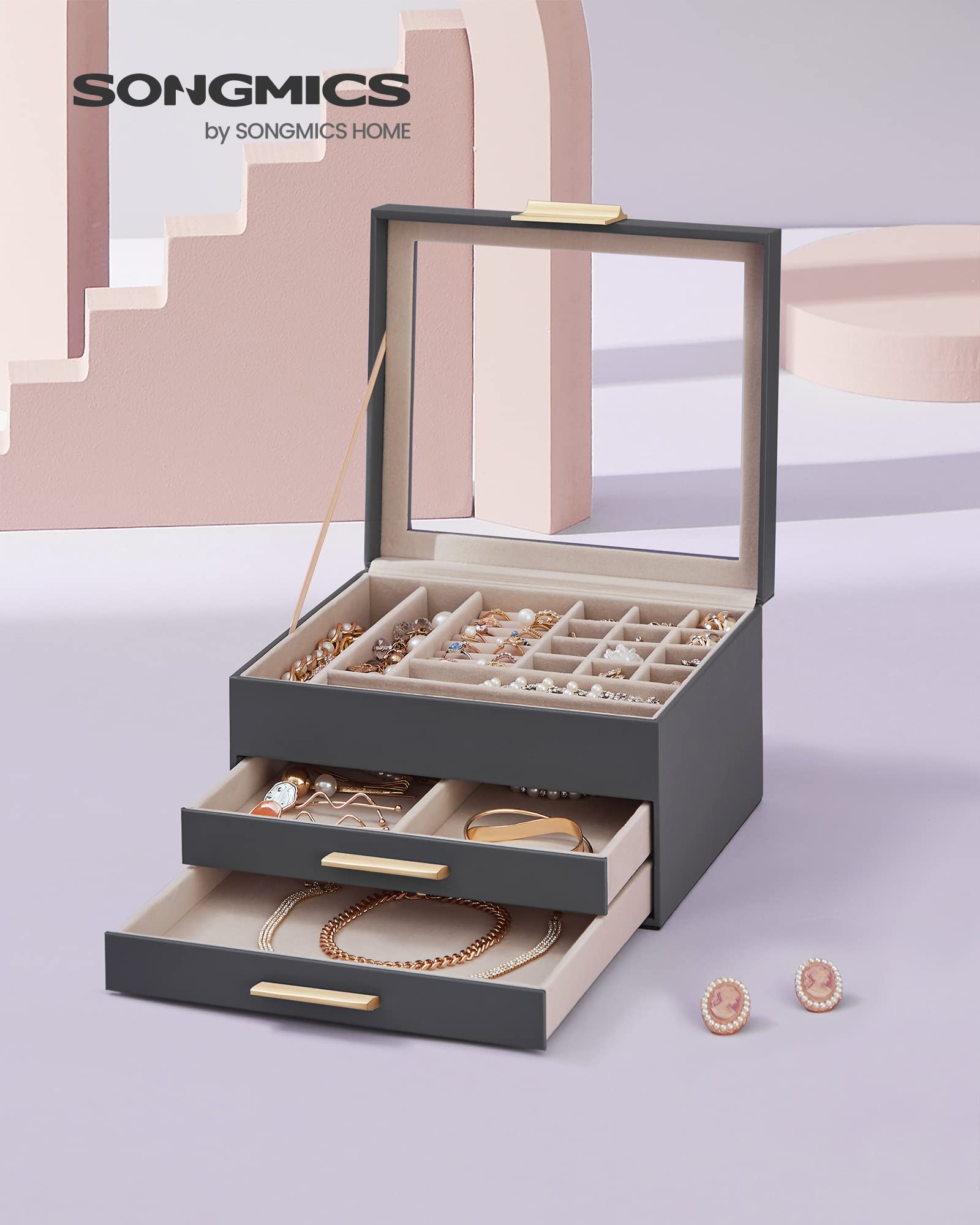 SONGMICS GISELLA Collection - Jewelry Box Organizer, 3-Layer Jewelry Storage with 2 Drawers, Shiny Metal Hardware, Glass Lid, Modern, 8 x 9.1 x 5.3 Inches, Cloud White and Gold Color UJBC239WT