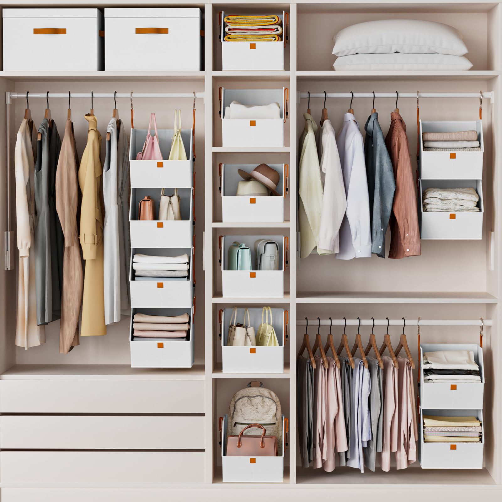 Homsorout Hanging Closet Organizer 4 Tier - Clothes Hanging Shelves, Space-Saving Closet System, Fabric Storage Bins Bedroom Organization, Collapsible Baskets for Home, Dorm, Rv, Beige