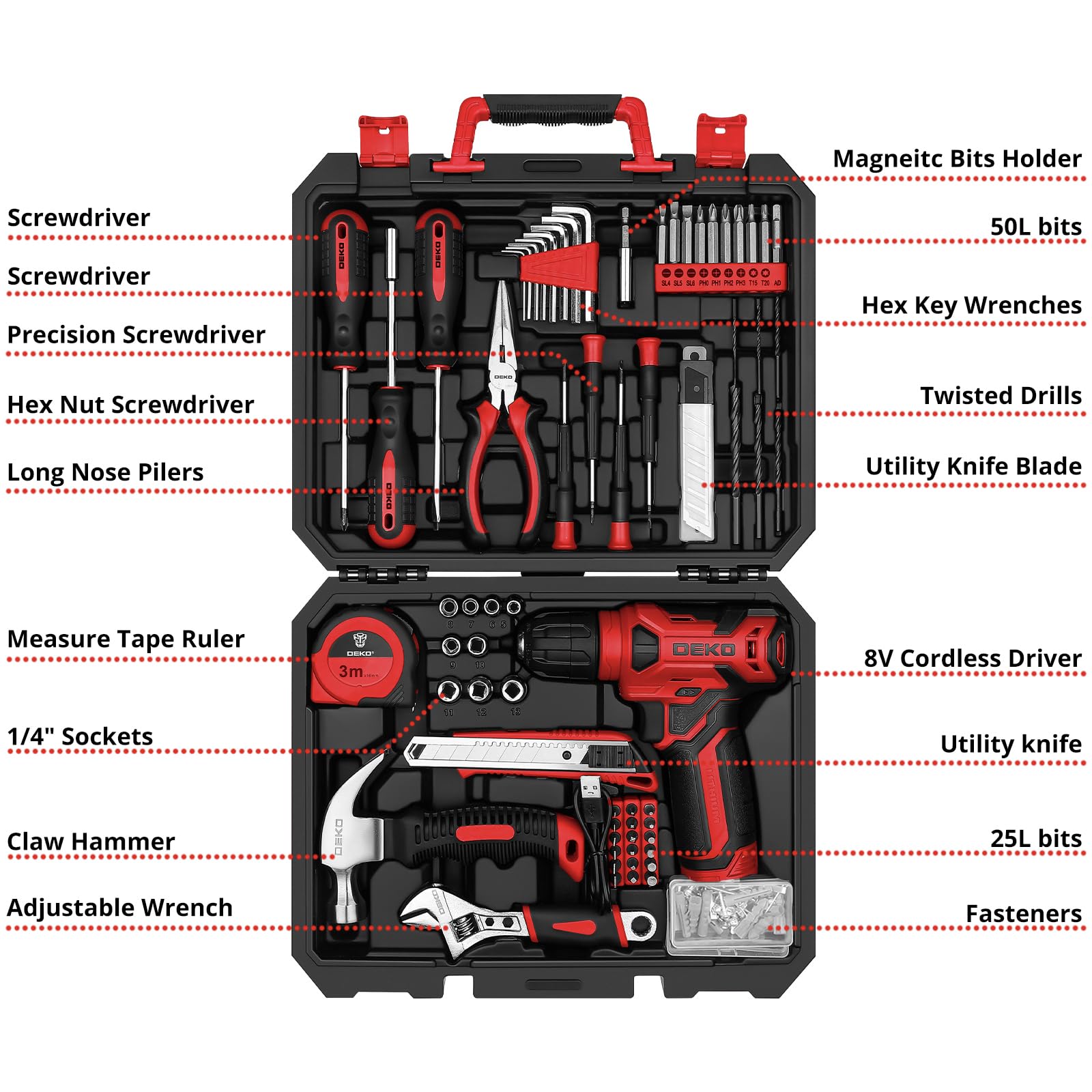 DEKOPRO Tool Set：Tool Kit with 8V Cordless Drill,Tool Box with Drill,Hand Drill Set for Men & Women,Home Tool Kits for House Repair,Handyman,DIY 126 Piece