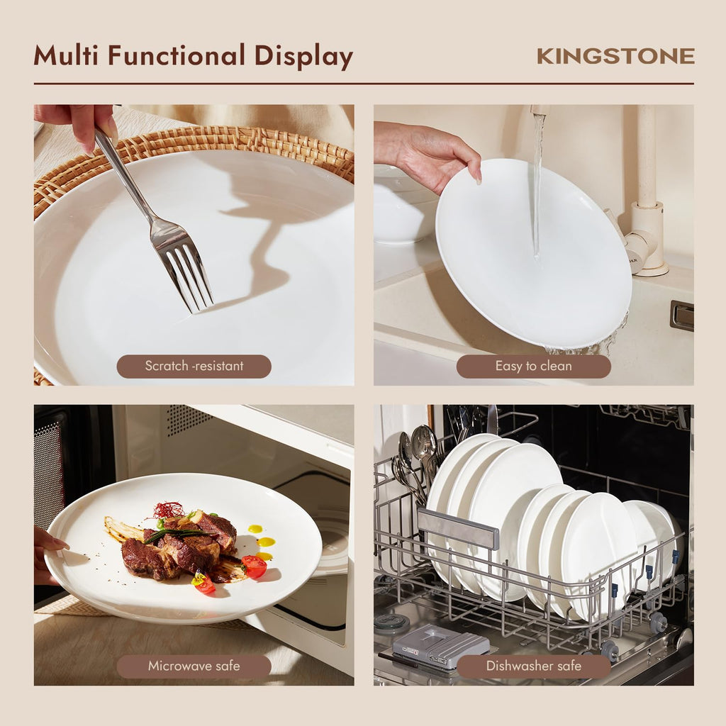 KINGSTONE 12-Piece Bone China Dinnerware Set for 4, Lightweight and Durable, Microwave and Dishwasher Safe, White Plates and Bowls for Everyday Use