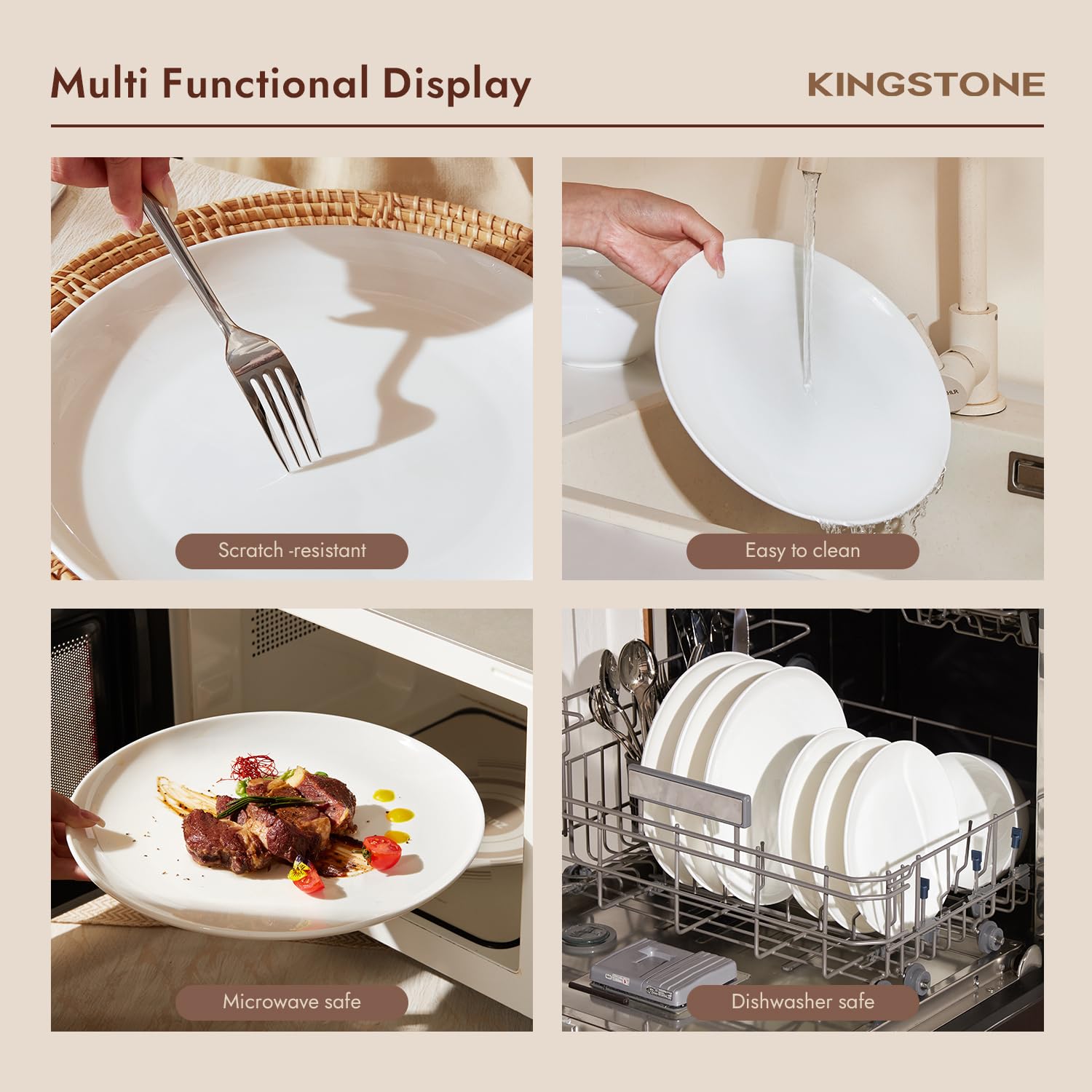 KINGSTONE 12-Piece Bone China Dinnerware Set for 4, Lightweight and Durable, Microwave and Dishwasher Safe, White Plates and Bowls for Everyday Use