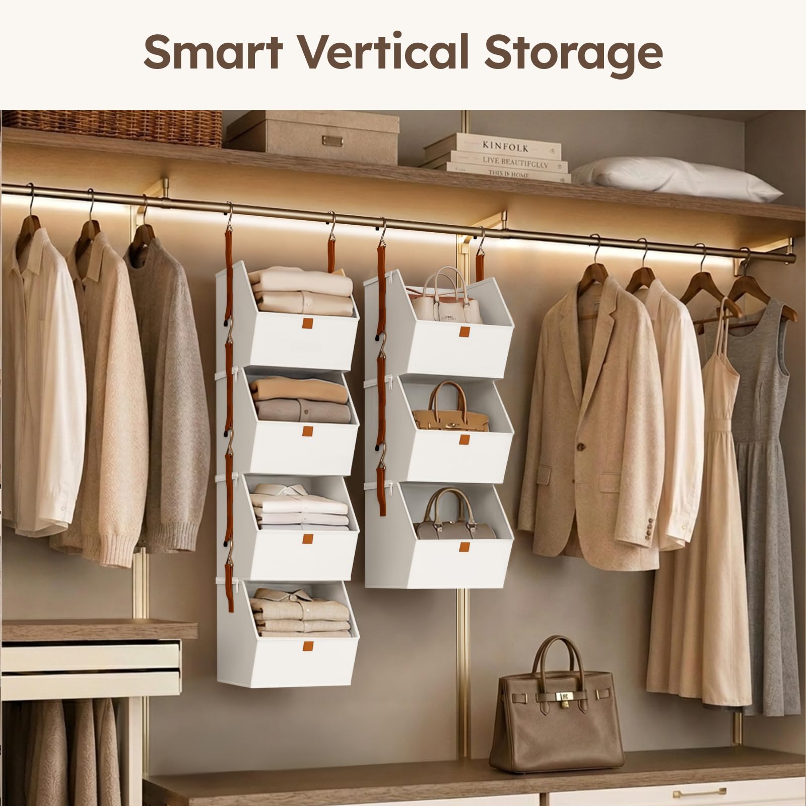 Homsorout Hanging Closet Organizer 4 Tier - Clothes Hanging Shelves, Space-Saving Closet System, Fabric Storage Bins Bedroom Organization, Collapsible Baskets for Home, Dorm, Rv, Beige