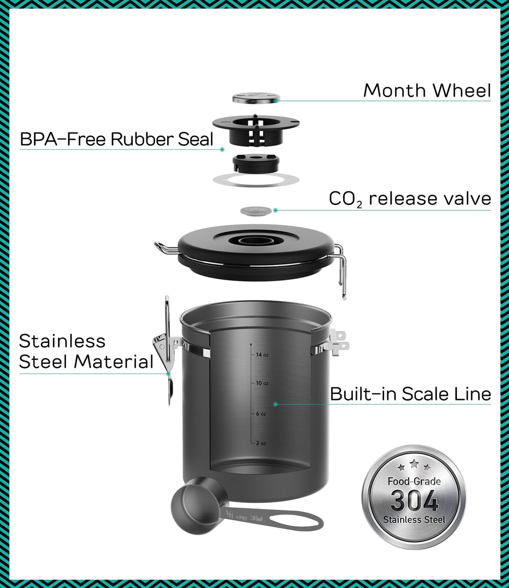Coffee Gator Stainless Steel Canister - Medium 16oz, Gray Coffee Grounds and Beans Container with Date-Tracker, CO2-Release Valve, and Measuring Scoop - Ideal Coffee Lovers Gifts