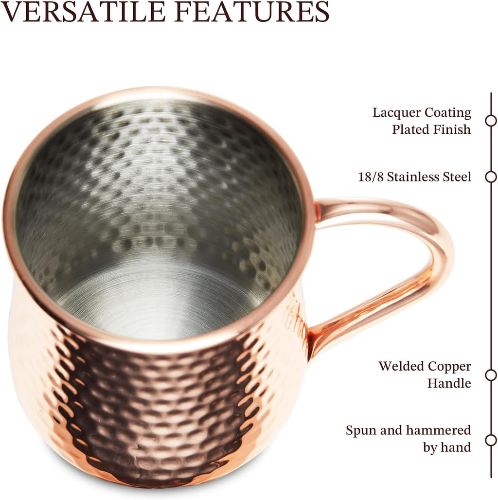 KITESSENSU Moscow Mule Mugs Set of 2 | 18 oz Hammered Copper Mule Mugs with Straws Keep Cocktails Well-Chilled, Copper Cups for Drinking Cocktails, 18/8 Stainless Steel Lined & Dishwasher Safe Barware