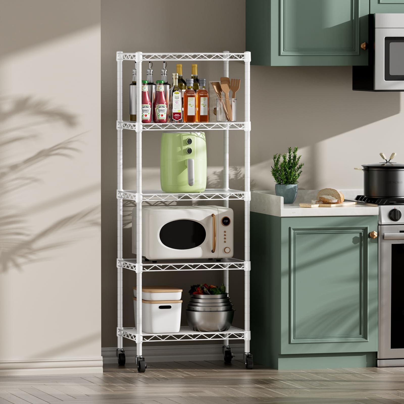 SINGAYE 3 Small Shelves Storage Shelf Wire Shelving Unit Metal Shelf Adjustable Organizers Storage Shelving with Wheels for Bathroom Laundry Room Kitchen Pantry11.5”D x 17.5”W x 30.5”H White