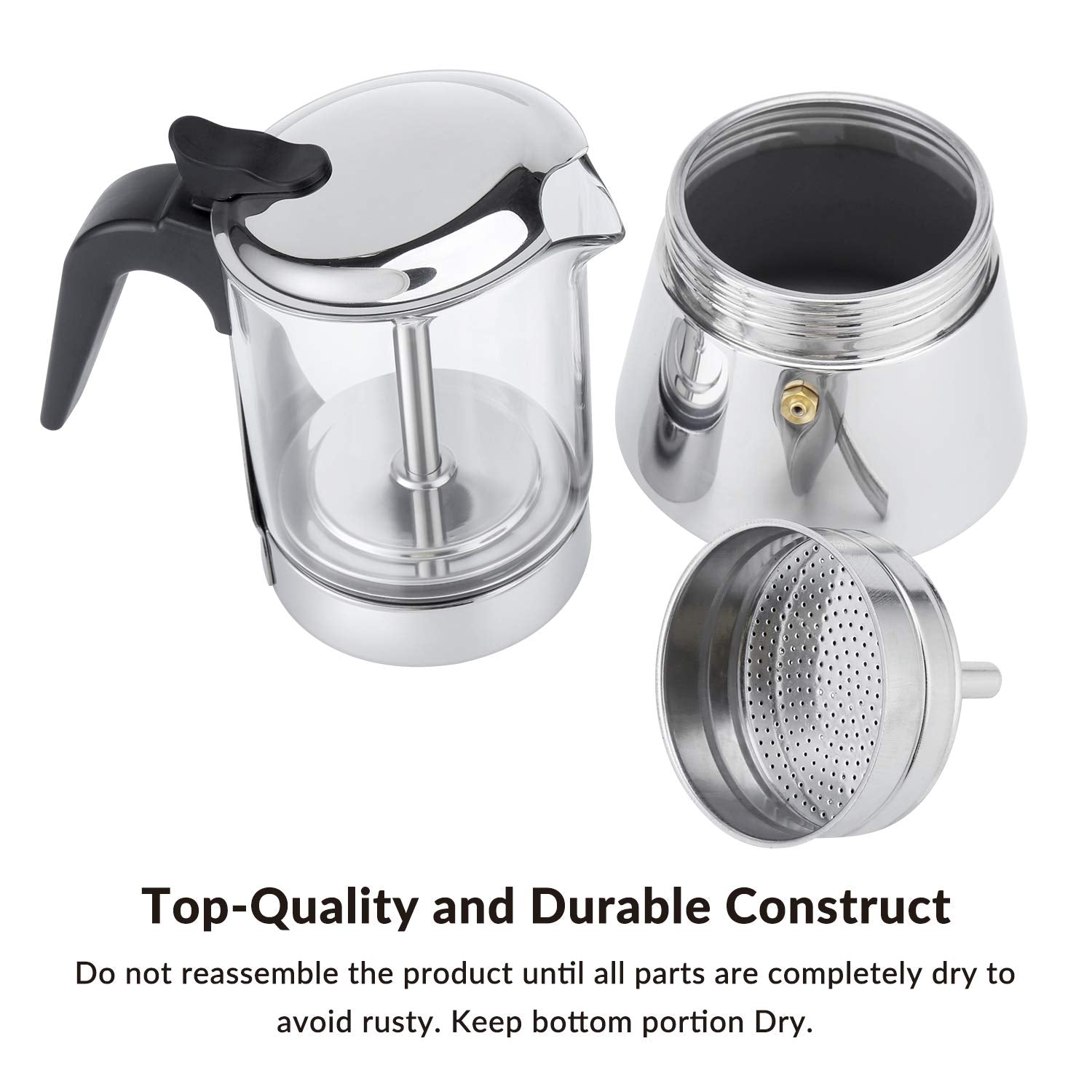 Geesta Premium Crystal Glass-Top Stovetop Espresso Moka Pot - 4/6/ 9 Cups - Stainless Steel Coffee Maker- 240ml/8.5oz/6 cup (espresso cup=40ml)