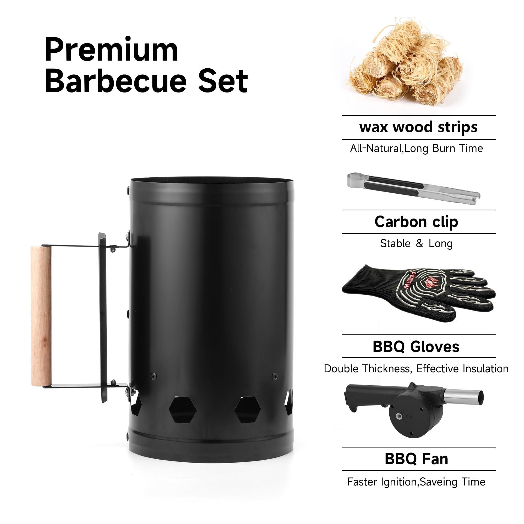 WILLBBQ Charcoal Chimney Starter Great for Fireplace, BBQ, Fire Pits, Barbecues, Chimineas, Campfires, Pizza Ovens - Zinc Steel BBQ Kit, 20 Starters, Heat Resistant Gloves Blower (Bright Black)