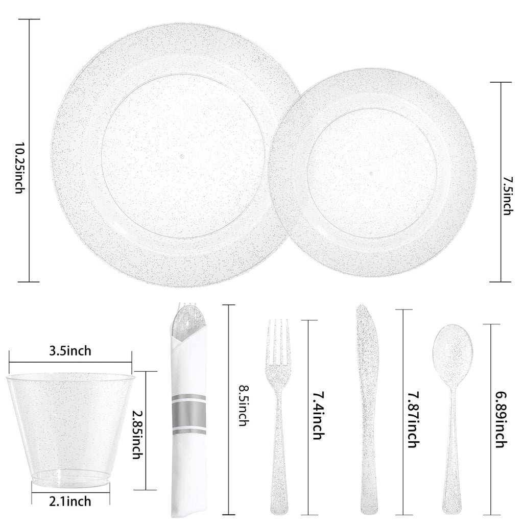 DaYammi 350PCS Gold Plastic Dinnerware Set for 50 Guests, Fancy Disposable Plates for Party, Include: 50 Dinner Plates, 50 Dessert Plates, 50 Pre Rolled Napkins with Gold Silverware, 50 Cups