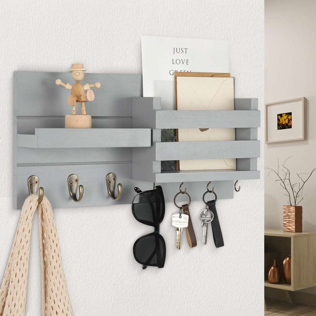 Mail Organizer for Wall Mount – Key Holder with Shelf Includes Letter Holder and Hooks for Coats, Dog Leashes – Rustic Wood with Flush Mounting Hardware (16.5” x 8.7” x 3.5”)