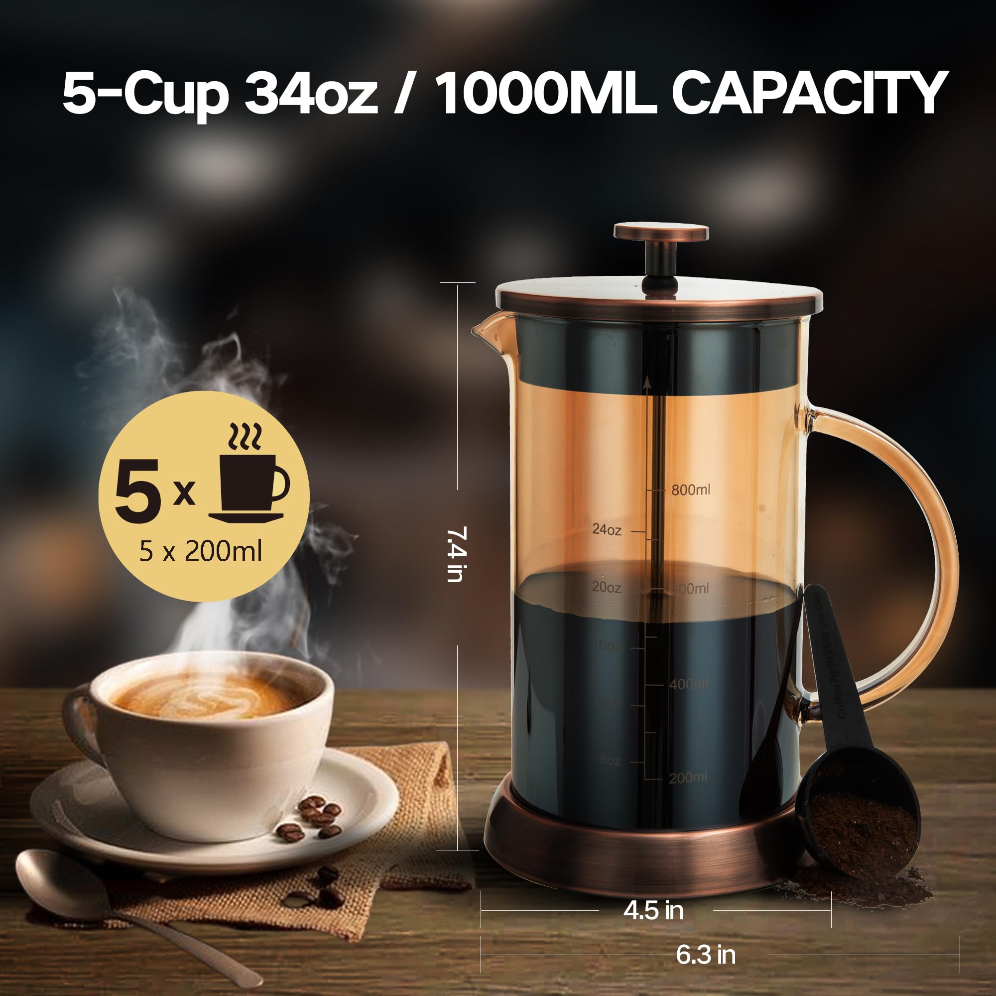 YMMIND French Press Coffee Maker 304 Stainless Steel Coffee Press,with 4 Filters System, Heat Resistant Thickness Borosilicate French Press Glass, BPA-Free Brewed Tea Pot Coffee Plunger(Copper 12oz)