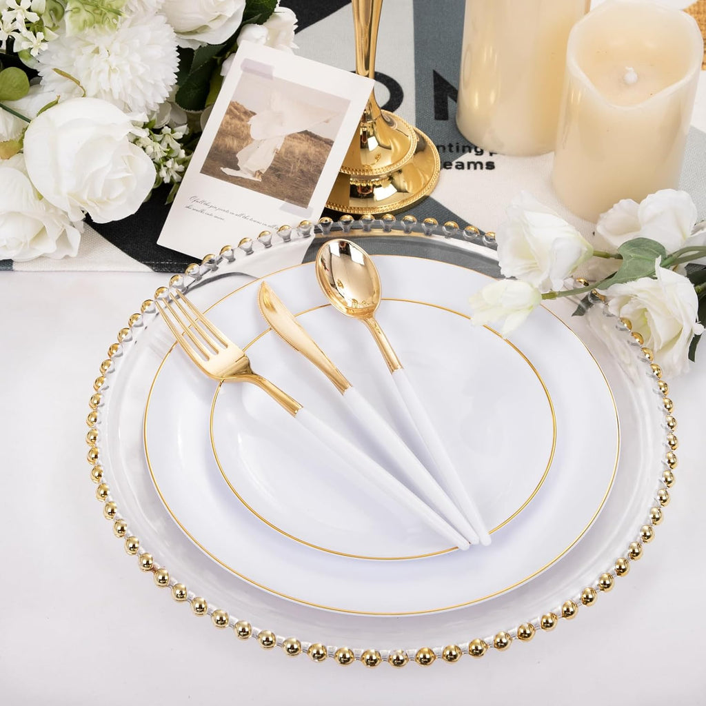 DaYammi 150Pcs White and Gold Plastic Plates with Disposable Silverware and 200Pcs Gold Plastic Cups for Party, Fancy Plates Set and Clear Gold Rimmed Cups for all occasions