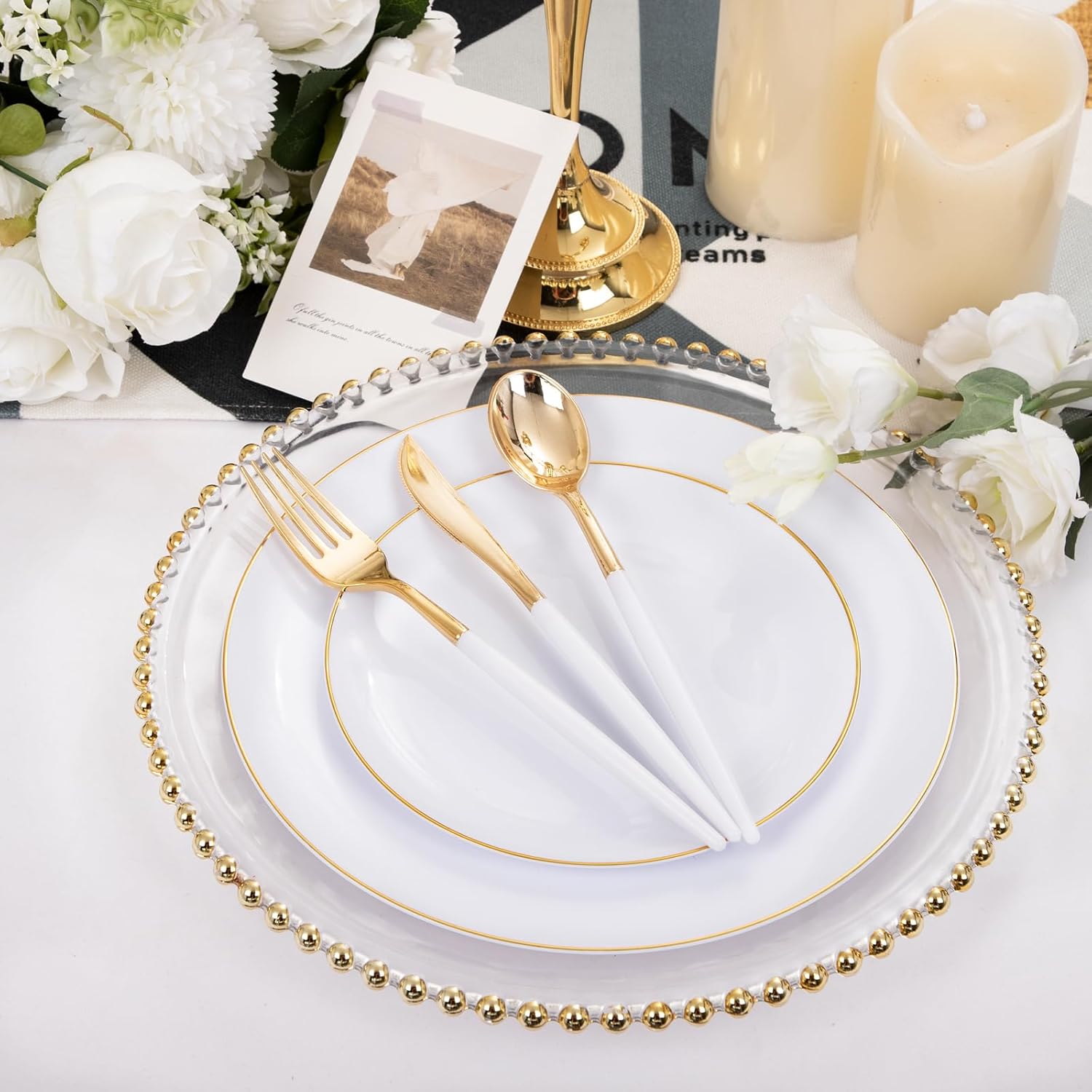 DaYammi 150Pcs White and Gold Plastic Plates with Disposable Silverware and 200Pcs Gold Plastic Cups for Party, Fancy Plates Set and Clear Gold Rimmed Cups for all occasions