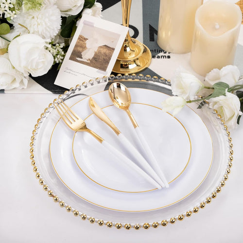 DaYammi 150Pcs White and Gold Plastic Plates with Disposable Silverware and 200Pcs Gold Plastic Cups for Party, Fancy Plates Set and Clear Gold Rimmed Cups for all occasions