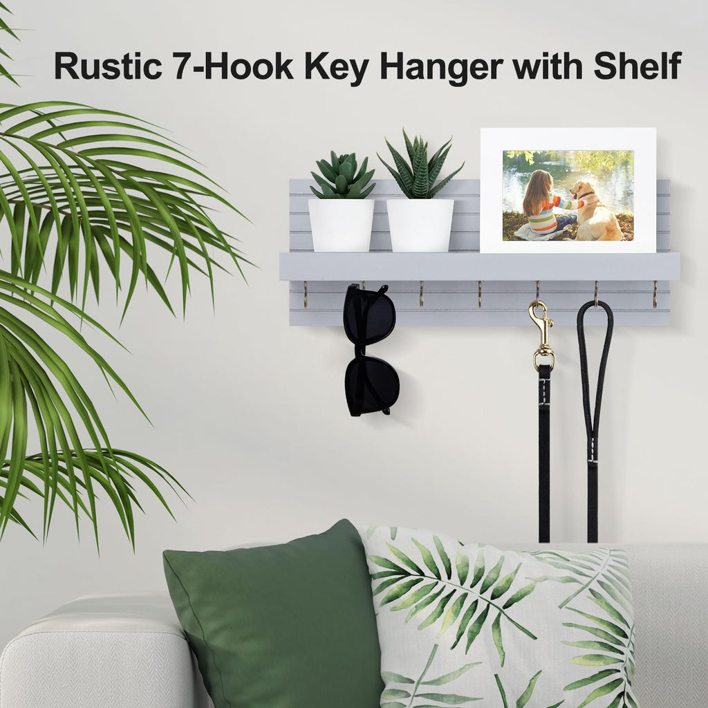 Decorative Key Holder for Wall with Shelf, Entryway Shelf with Hooks Holds Leashes, Jackets and Glasses – Sturdy Wood Keyholder Entrance Hanger with Mounting Hardware (Black, Medium)