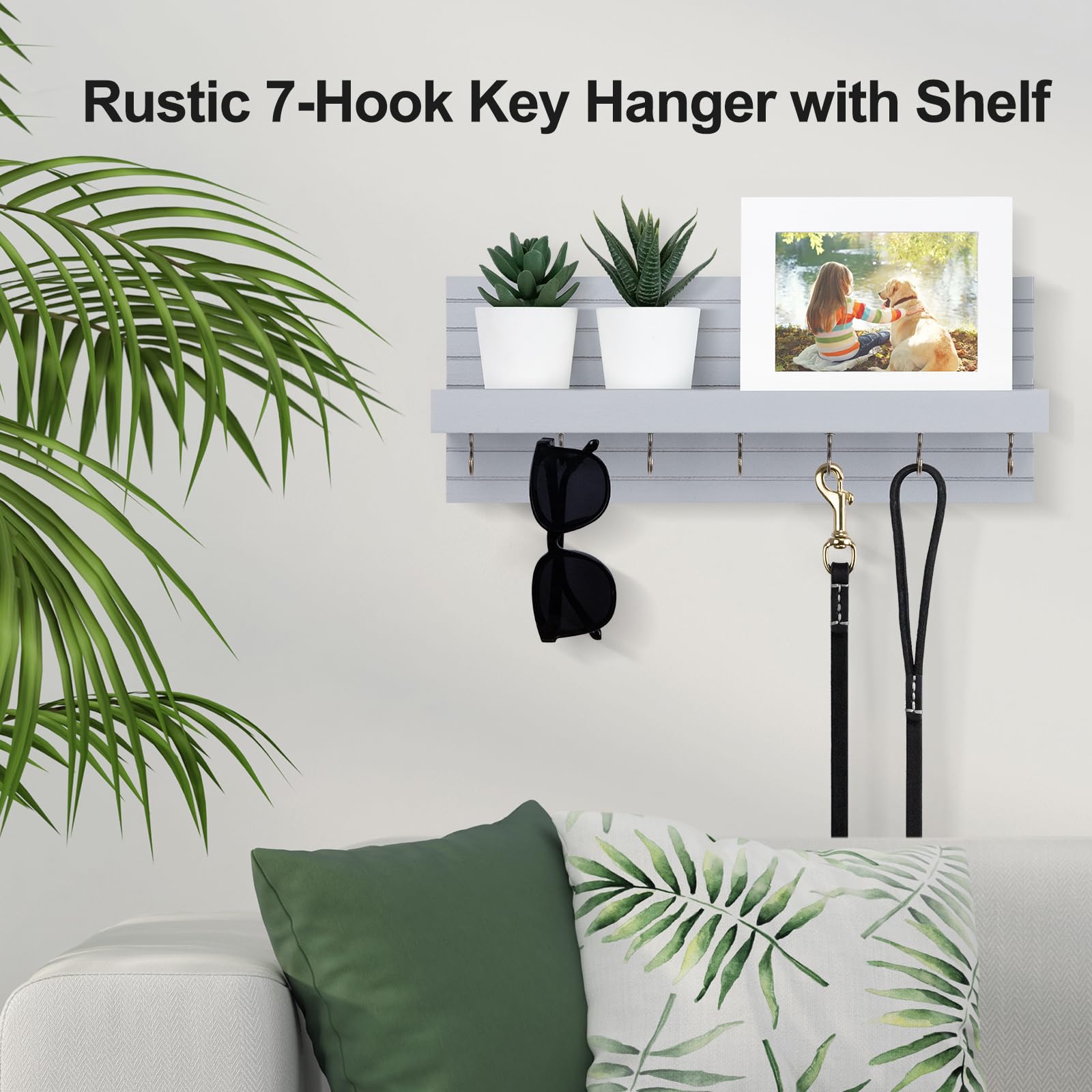 Decorative Key Holder for Wall with Shelf, Entryway Shelf with Hooks Holds Leashes, Jackets and Glasses – Sturdy Wood Keyholder Entrance Hanger with Mounting Hardware (Black, Medium)