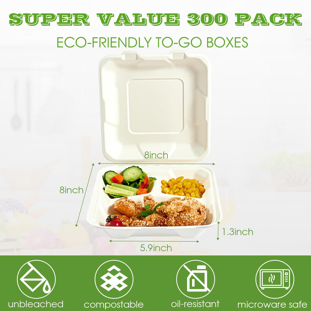 Vplus 100% Compostable Clamshell Take Out Food Containers, 90 PACK 8 inch x 8 inch Eco-Friendly Disposable 3 Compartment, Heavy-Duty Bagasse To-Go Containers for Next Day Lunch, Potluck Party