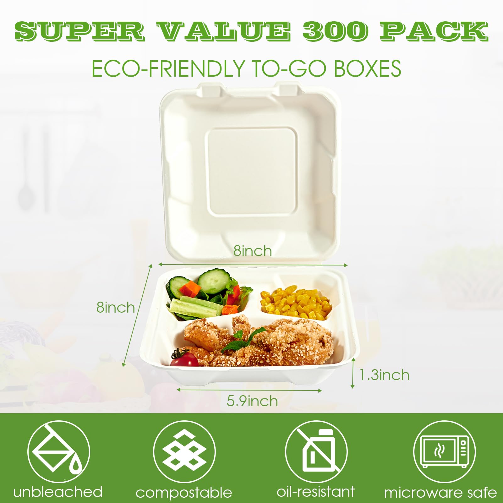 Vplus 100% Compostable Clamshell Take Out Food Containers, 90 PACK 8 inch x 8 inch Eco-Friendly Disposable 3 Compartment, Heavy-Duty Bagasse To-Go Containers for Next Day Lunch, Potluck Party