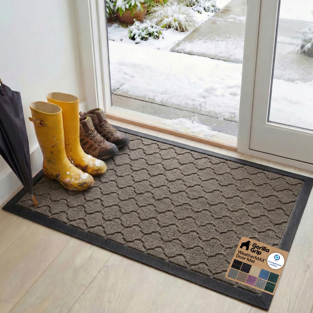 GORILLA GRIP 100% Waterproof All-Season WeatherMAX Doormat US Designed Natural Rubber, Stain Fade Resistant, Low Profile Indoor Outdoor Front Door Mats Outside Entrance, Easy Clean 29x17 Gray Diamond