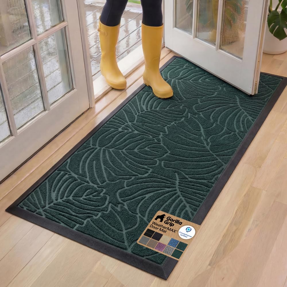 GORILLA GRIP 100% Waterproof All-Season WeatherMAX Doormat US Designed Natural Rubber, Stain Fade Resistant, Low Profile Indoor Outdoor Front Door Mats Outside Entrance, Easy Clean 29x17 Gray Diamond