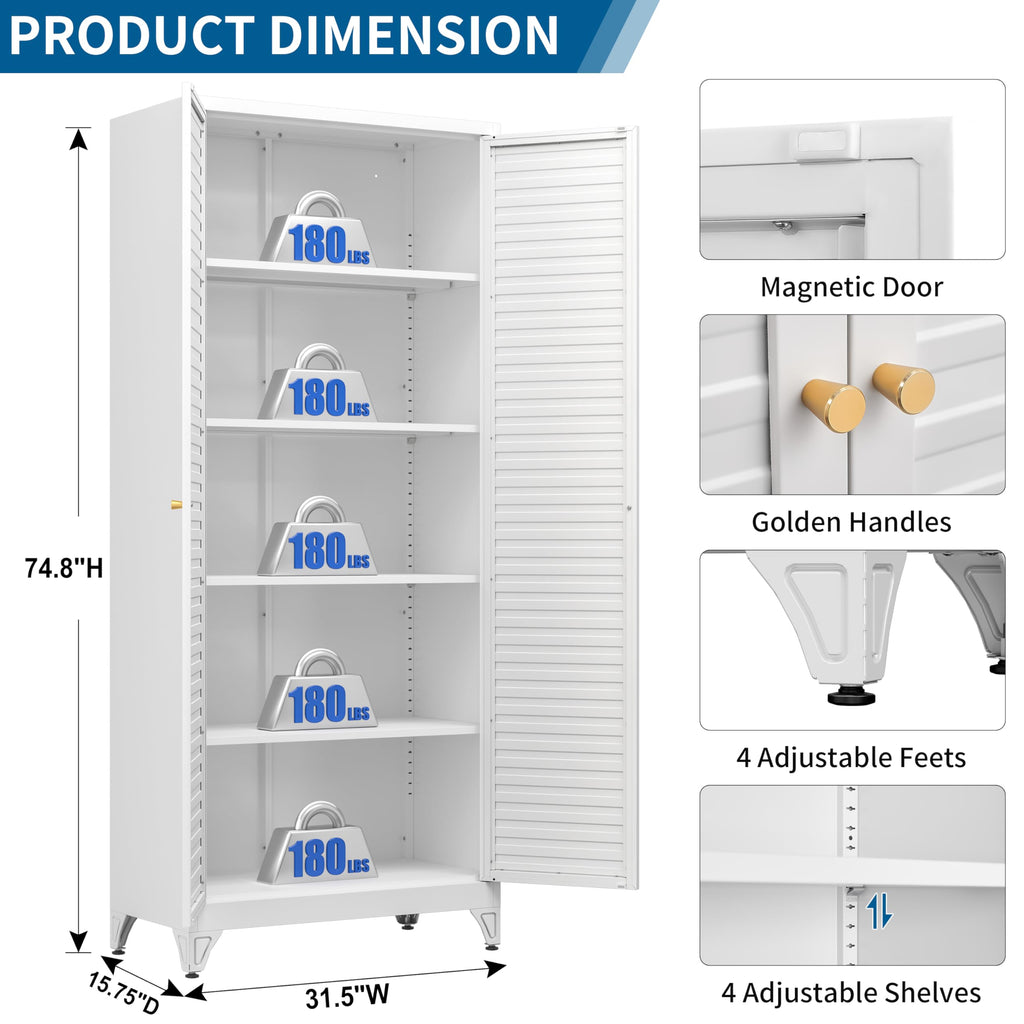 75" Tall Metal Kitchen Storage Cabinet,White Kitchen Pantry Storage Cabinet with Doors and 4 Adjustable Shelves,Utility Cabinet for Living Room,Garage,Dining Room and Office,Assemble Required