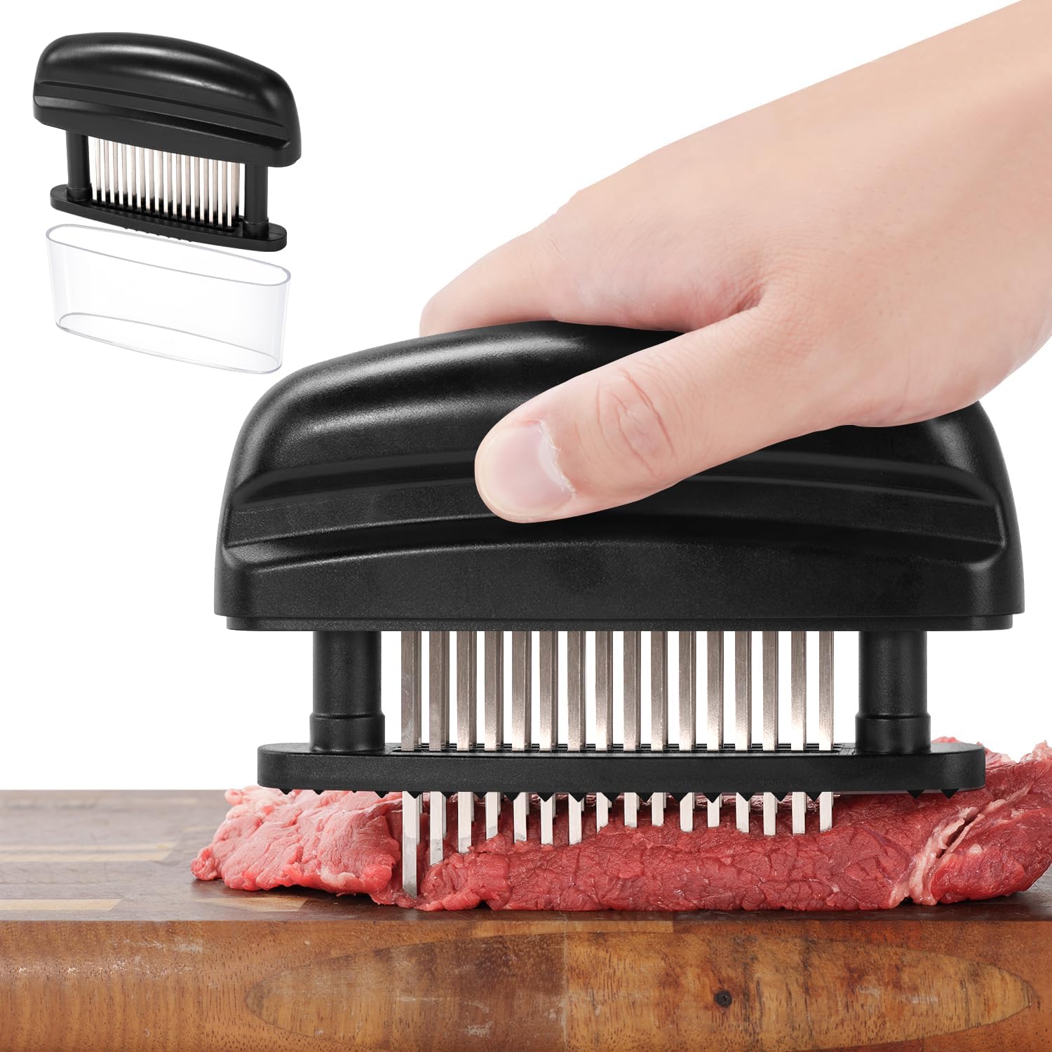 KEOUKE Meat Needle Tenderizer Black - 48 Stainless Steel Sharp Needles with Protective Cover, Compact Tenderizer for Beef, Chicken & Steak, Dishwasher Safe, Meat Mallet Alternative