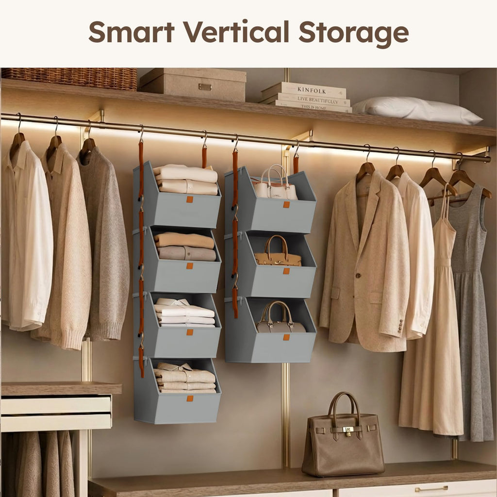 Homsorout Hanging Closet Organizer 4 Tier - Clothes Hanging Shelves, Space-Saving Closet System, Fabric Storage Bins Bedroom Organization, Collapsible Baskets for Home, Dorm, Rv, Beige