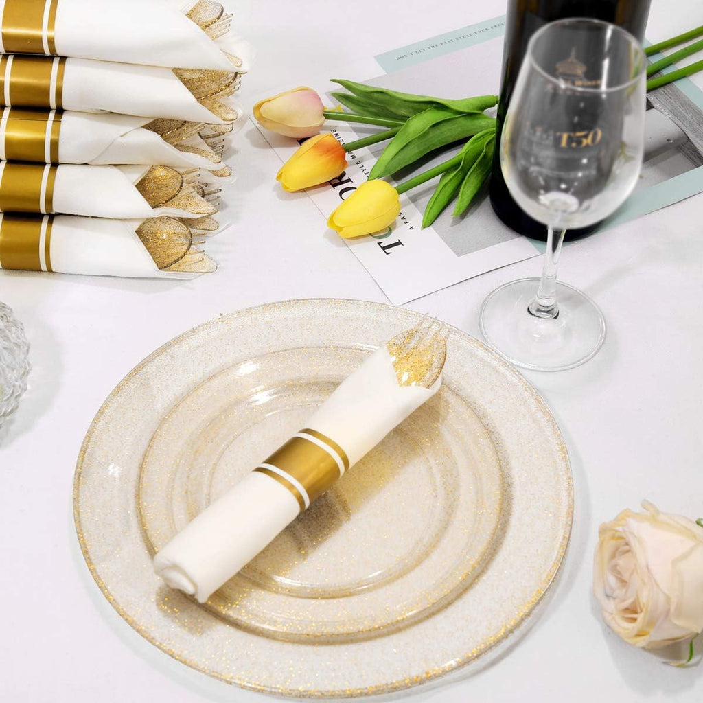 DaYammi 462 Pieces Gold Glitter Dinnerware Set 66 Guest for party- 66 Dinner Plates, 66 Dessert Plates -66 Per Rolled Napkins with Gold Cutlery - 66 Disposable Cups 9 OZ
