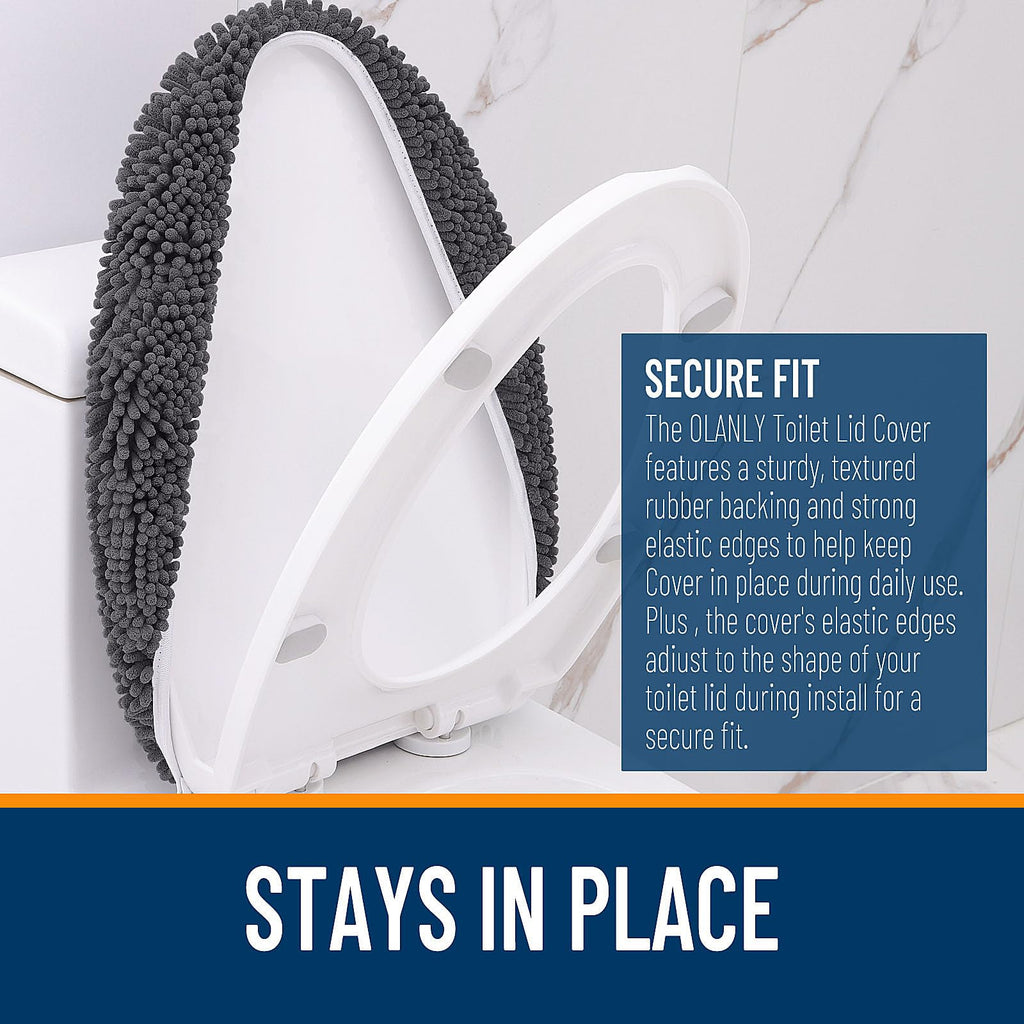 OLANLY Soft Chenille Bathroom Toilet Lid Cover, Machine Washable Seat Covers, 17.5x15, Stays in Place Rubber Backing, Fits Most Round, Elongated and Oblong Lids, Accessories Decor, Gray