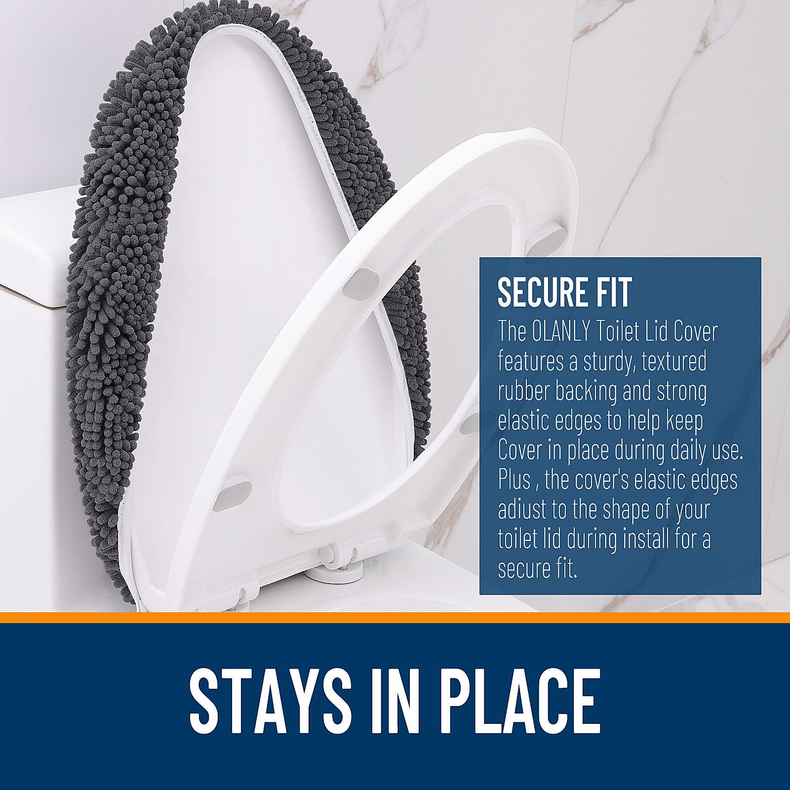 OLANLY Soft Chenille Bathroom Toilet Lid Cover, Machine Washable Seat Covers, 17.5x15, Stays in Place Rubber Backing, Fits Most Round, Elongated and Oblong Lids, Accessories Decor, Gray