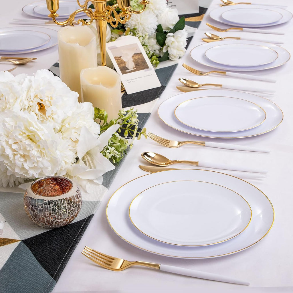 DaYammi 150Pcs White and Gold Plastic Plates with Disposable Silverware and 200Pcs Gold Plastic Cups for Party, Fancy Plates Set and Clear Gold Rimmed Cups for all occasions