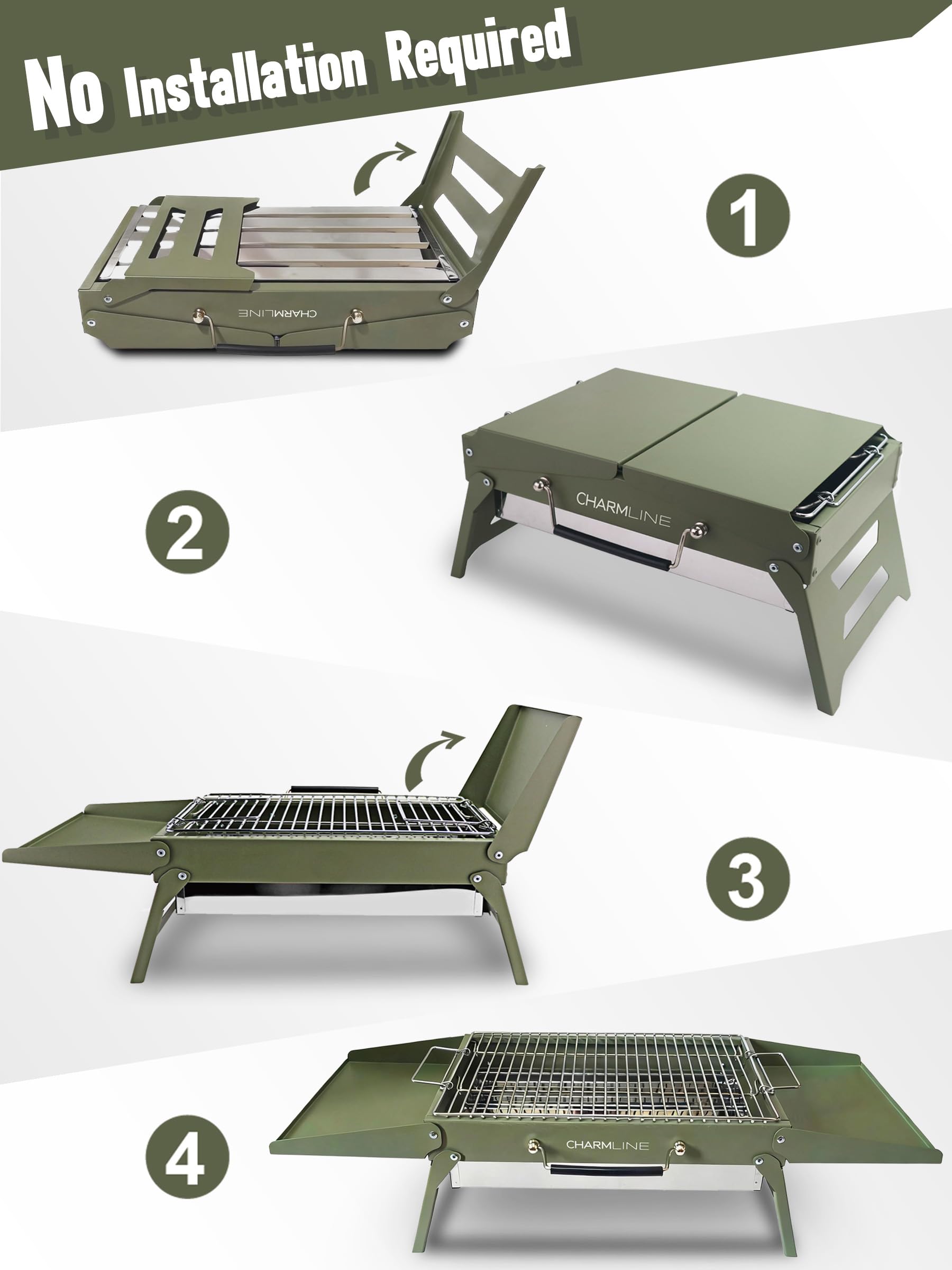 Charmline 14 x 9 inches Portable Charcoal BBQ Grill, Foldable Compact Camping Barbecue for 1–3 People, Ideal for Garden, Beach, Picnic & Tabletop Use, Green