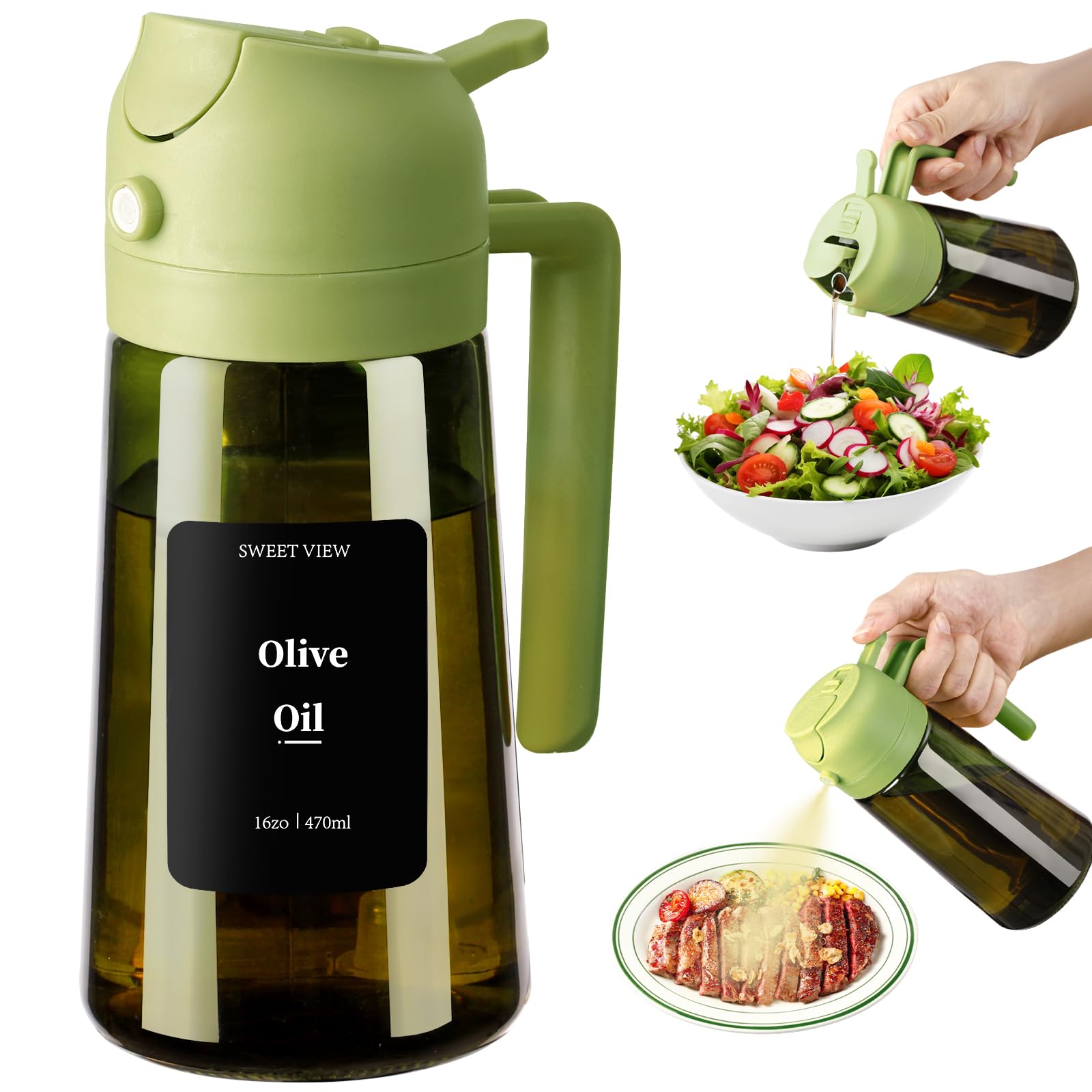 SWEET VIEW Olive Oil Dispenser and Oil Sprayer – 16oz/470ml Glass Light-Proof Oil Pourer for Kitchen, Air Fryer, Cooking, Salad, and BBQ