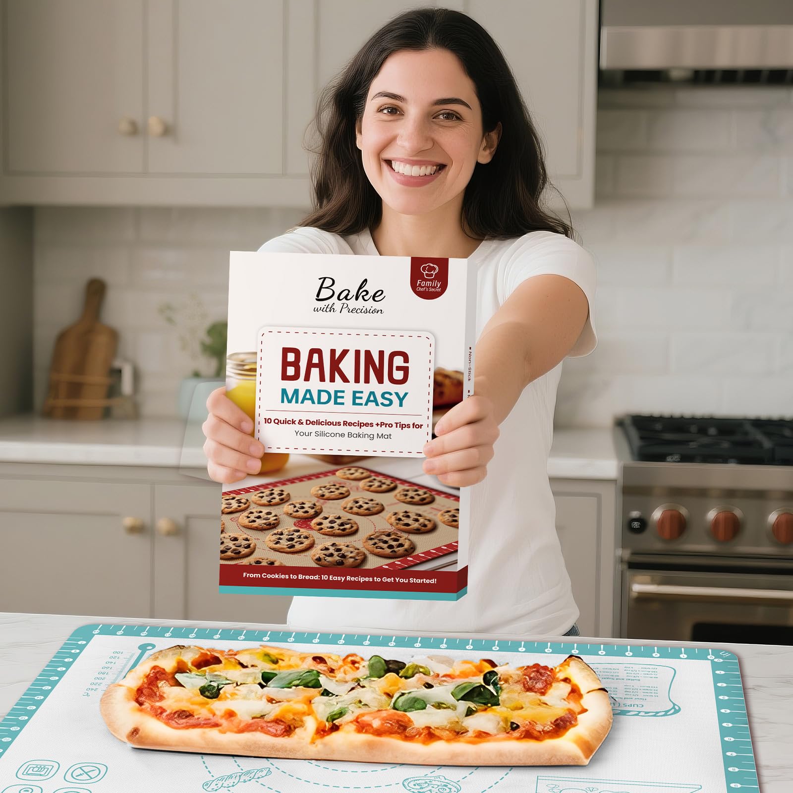 Silicone Baking Mat with Recipes, Extra Thick Silicone Mats for Baking, Non Stick Pastry Mat for Rolling Dough, Silicone Macaron Baking Mat for Cookie,Bread,Pizza,Fondant Mat, Oven&Dishwasher Safe