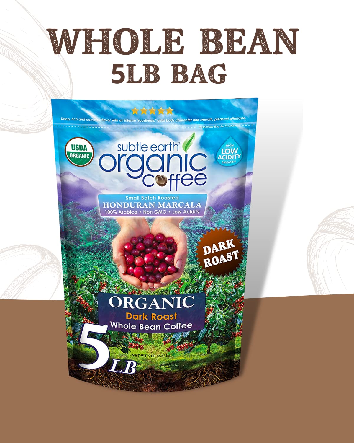 2LB Subtle Earth Organic Coffee - Dark Roast - Whole Bean Coffee - 100% Arabica Beans - Low Acidity and Non-GMO - 2lb bag