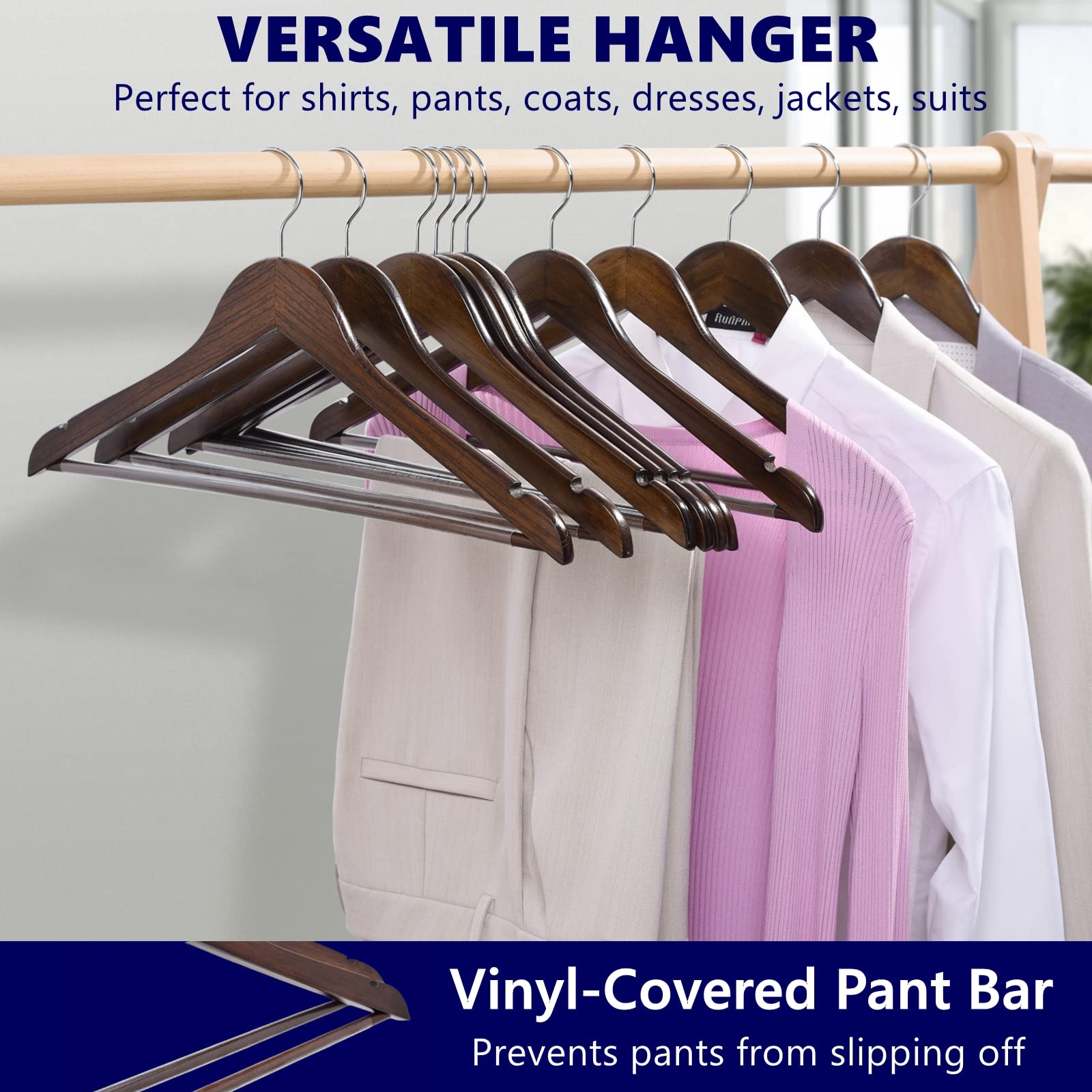 Amber Home 30 Pack Wooden Coat Hangers, Natural Wood Suit Hangers with Non-Slip Pant Bar, Clothes Hangers for Closet Organization, Shirts, Jackets, Dresses, and Pants (Natural, 30)