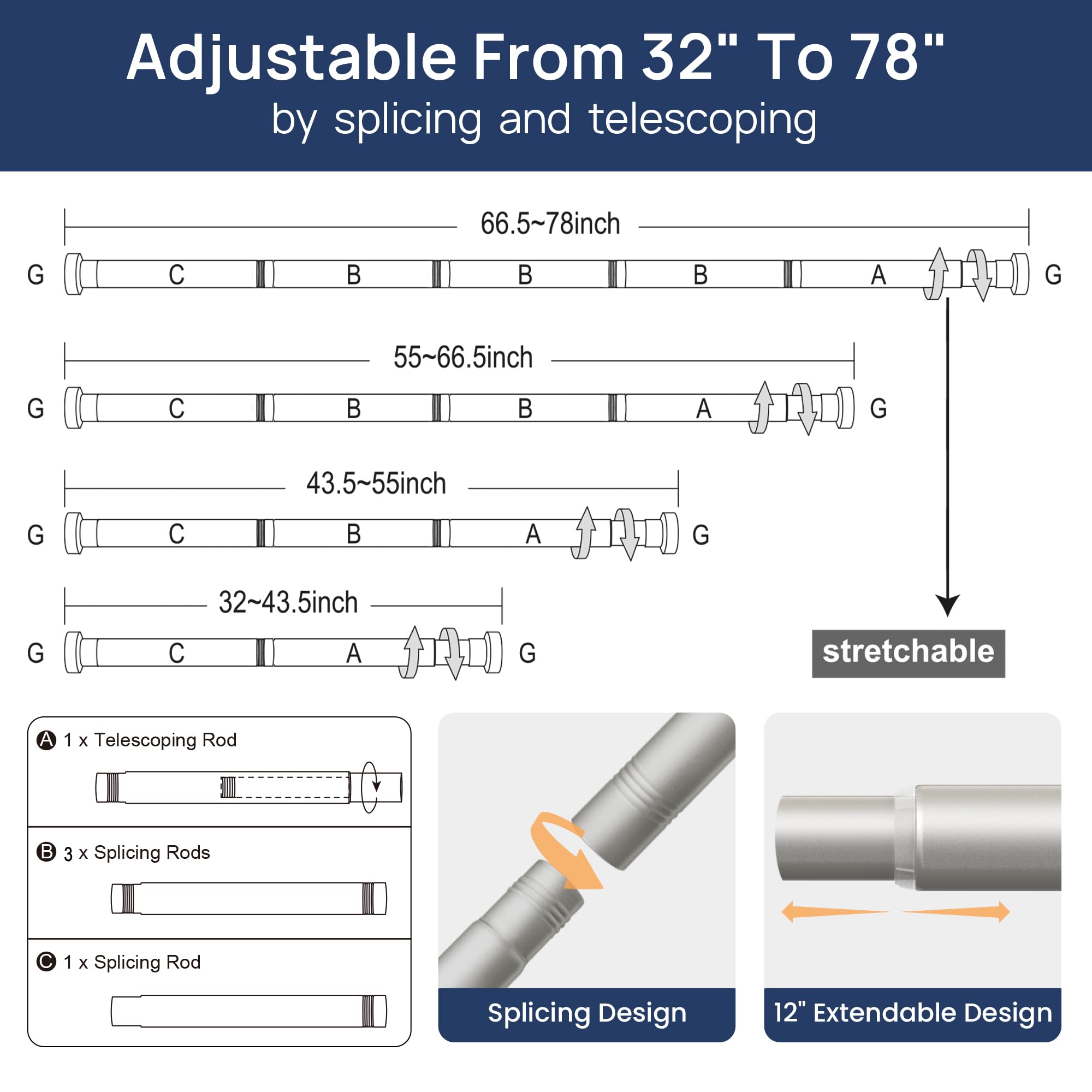 ENJOYBASICS 2 Pack Adjustable Spring Tension Curtain Rods 32 to 66 Inches, Stainless Steel Matte Black Shower Rod No Drilling for Window, Bathroom, Closet, Room Divider, 7/8" Diameter