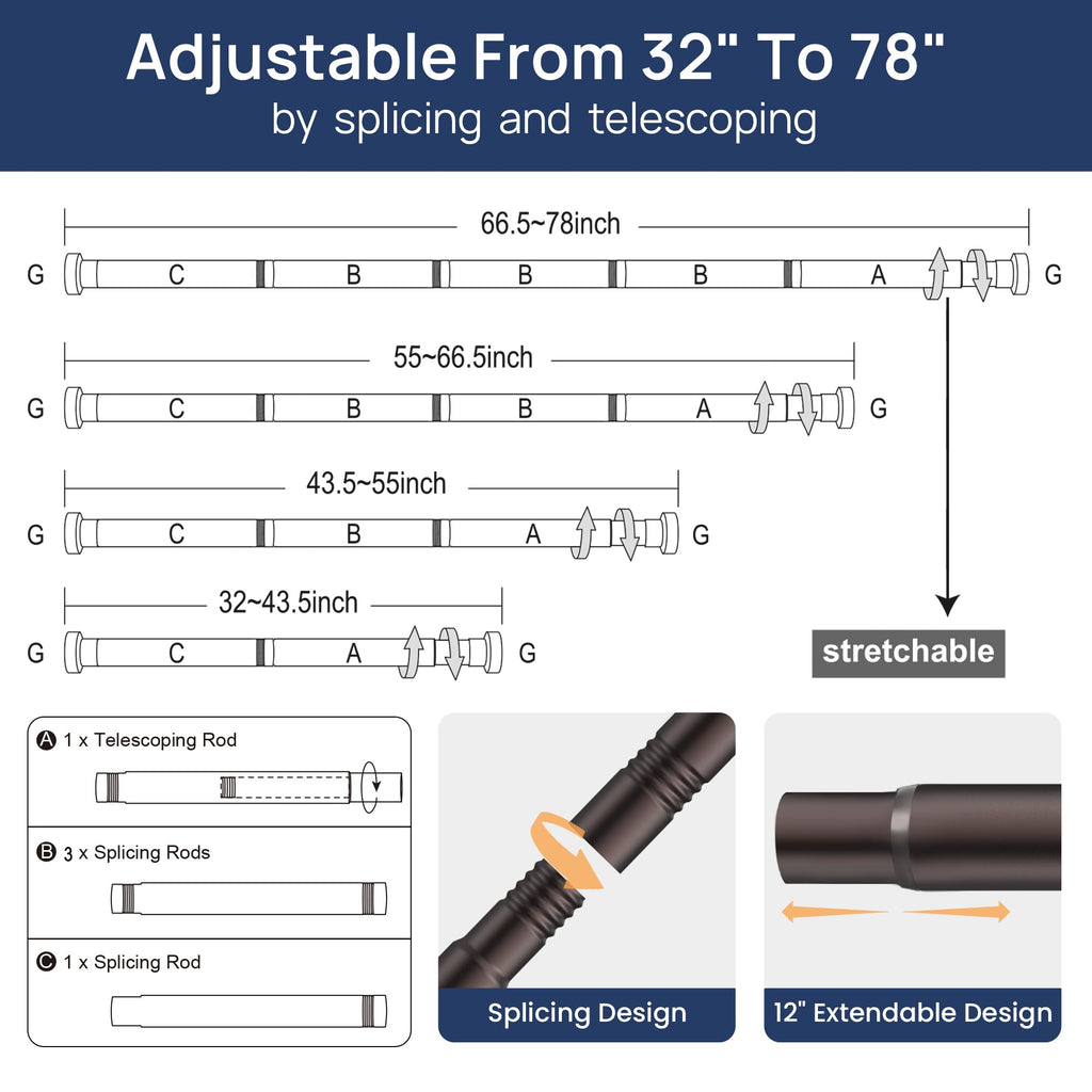 ENJOYBASICS 2 Pack Adjustable Spring Tension Curtain Rods 32 to 66 Inches, Stainless Steel Matte Black Shower Rod No Drilling for Window, Bathroom, Closet, Room Divider, 7/8" Diameter