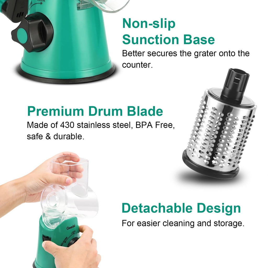 Geedel Rotary Cheese Grater, Kitchen Mandoline Vegetable Slicer with 3 Interchangeable Blades, Easy to Clean Rotary Grater Slicer for Fruit, Vegetables, Nuts