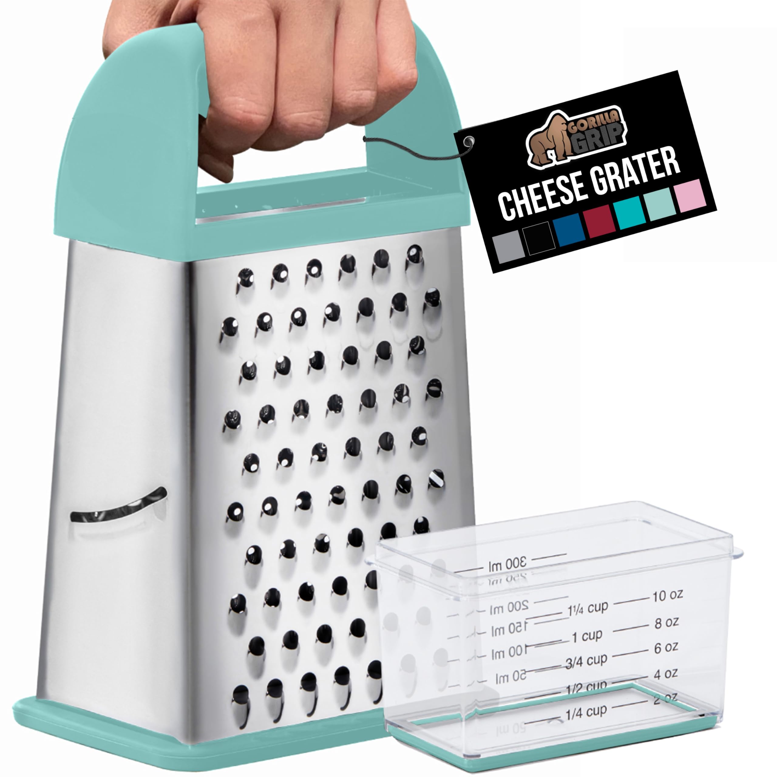 GORILLA GRIP 4-Sided Stainless Steel Cheese Grater With Container, 100% BPA-Free Box Grater, Slip Resistant Base and Handle, Grate Parmesan, Hard Cheeses, Shred Vegetables, Dishwasher Safe, Black