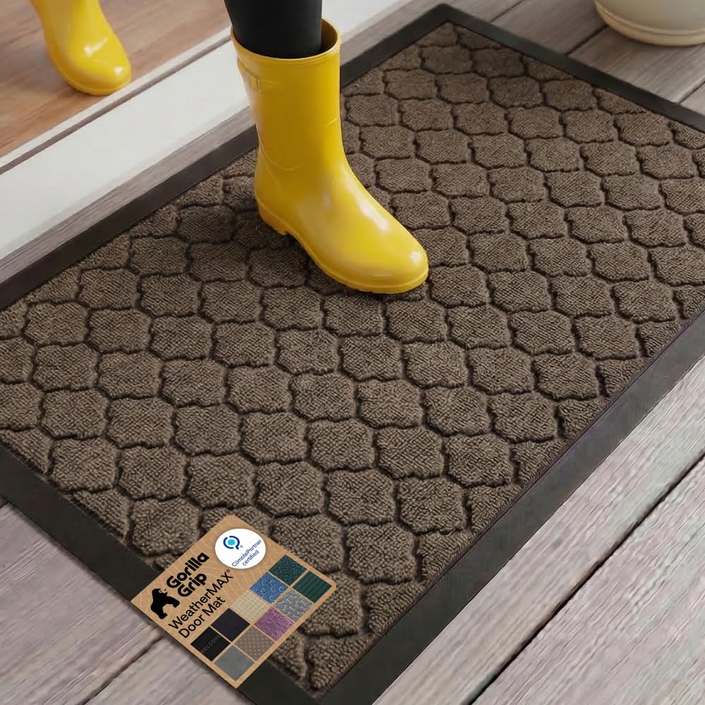 GORILLA GRIP 100% Waterproof All-Season WeatherMAX Doormat US Designed Natural Rubber, Stain Fade Resistant, Low Profile Indoor Outdoor Front Door Mats Outside Entrance, Easy Clean 29x17 Gray Diamond