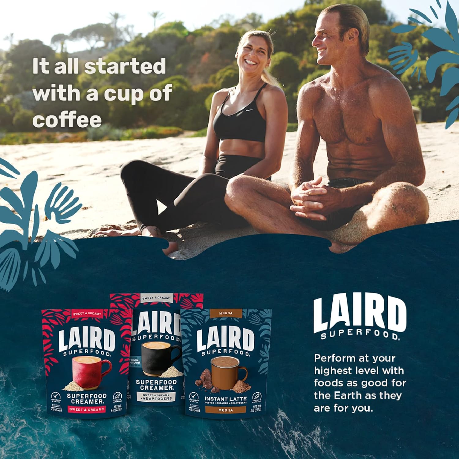 Laird Superfood Non-Dairy Coconut Powder Creamer - Sweet & Creamy + Adaptogens - Superfood Creamer with Functional Mushrooms - Non-GMO, Vegan, 8 oz. Bag, Pack of 1