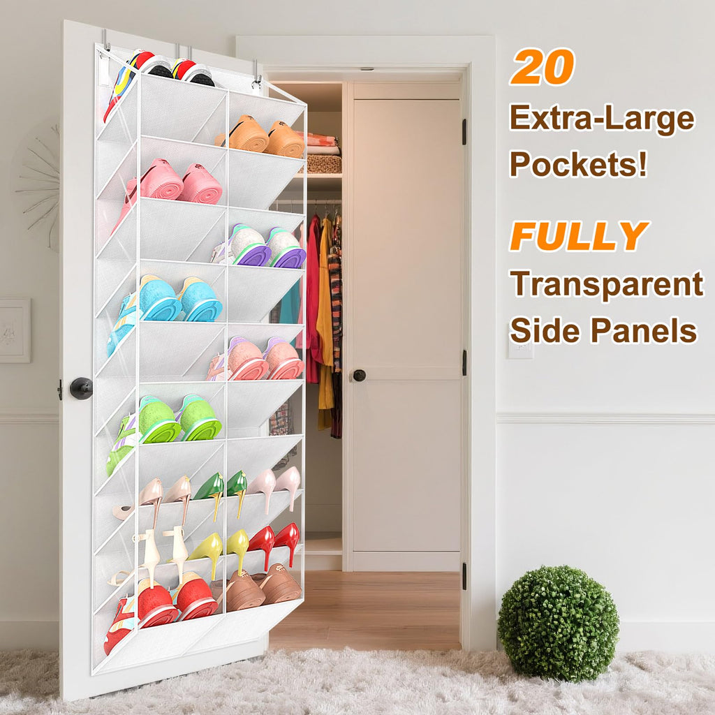 UVIAHOMI 20-30 Pairs Over the Door Shoe Organizer, Clear Pockets Hanging Shoe Storage for Closet, 10-Tier Door Shoes Rack, Handing Shoes Holder Fit All the Family's Sneakers, Boots, Heels, Black