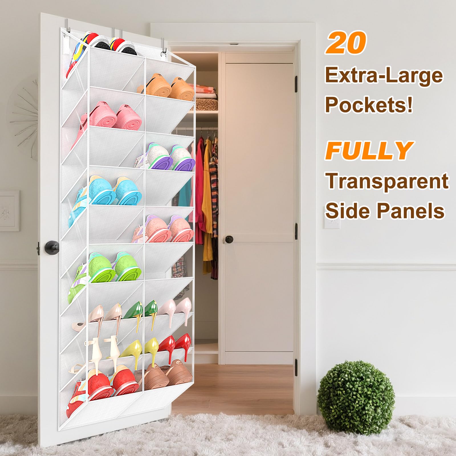 UVIAHOMI 20-30 Pairs Over the Door Shoe Organizer, Clear Pockets Hanging Shoe Storage for Closet, 10-Tier Door Shoes Rack, Handing Shoes Holder Fit All the Family's Sneakers, Boots, Heels, Black