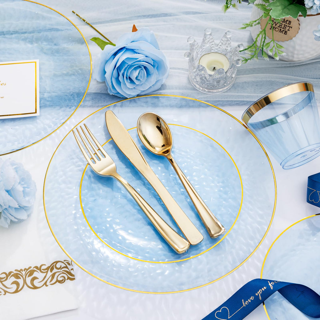 DaYammi 350PCS Clear Gold Plastic Dinnerware Set for 50 Guests, Hammered Disposable Plates for Party, Include: 50 Dinner Plates, 50 Dessert Plates, 150 Gold Silverware, 50 Napkins, 50 Cups
