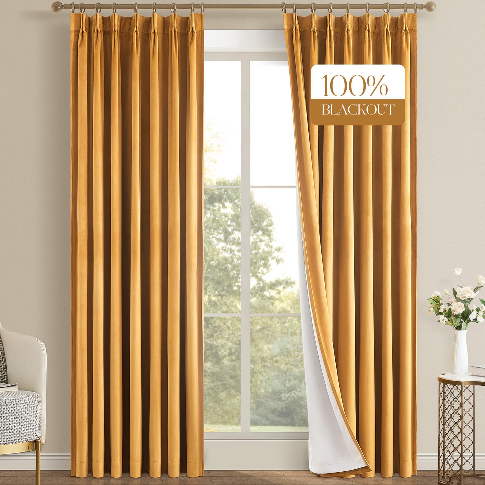 Topfinel 108 Inches Long Mustard Yellow Velvet Blackout Curtains for Living Room Large Window, Pinch Pleated Pastel Gold Cold Block Acoustic Floor Length Boho Track Curtains 2 Panels, 9 FT Valentines
