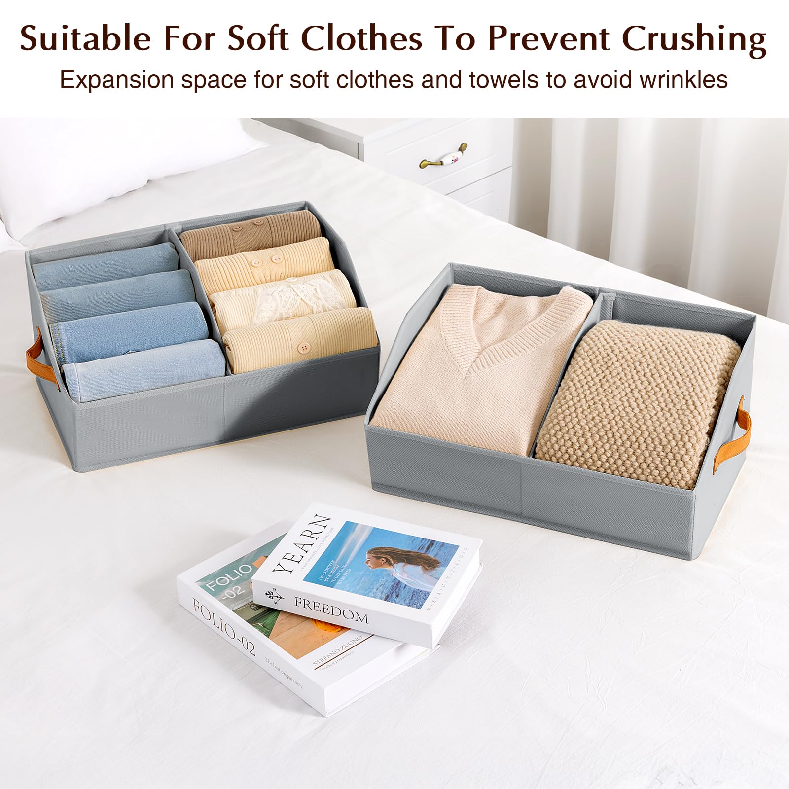 Homsorout Closet Organizers and Storage Bins - 8 Pack Collapsible Divided Trapezoidal Cube Storage Bins Baskets with Orange Handle for Organizing Clothes Blankets, Toys, Books, Towels(Beige)